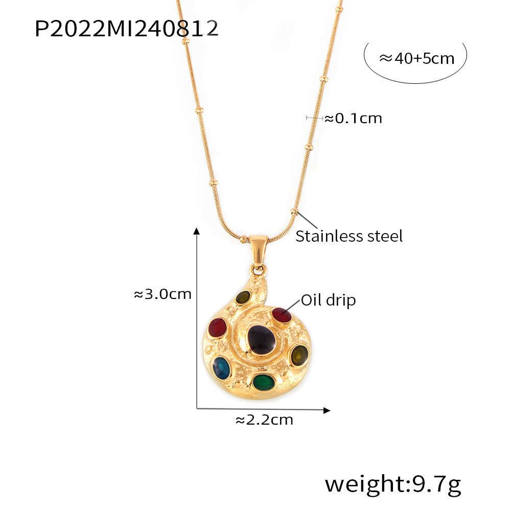 B廠-跨境熱銷幾何螺旋彩釉吊墜鎖骨項鍊復古個性設計不鏽鋼鍍18k真金「P2022」24.08-3