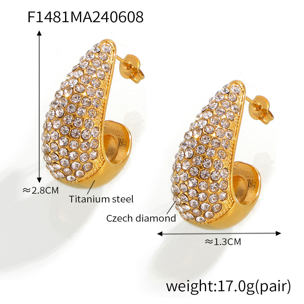 B廠-水滴形滿鑽鑲嵌鋯石耳釘耳環不鏽鋼PVD電鍍18K真金耳飾組合「F145」25.01-1