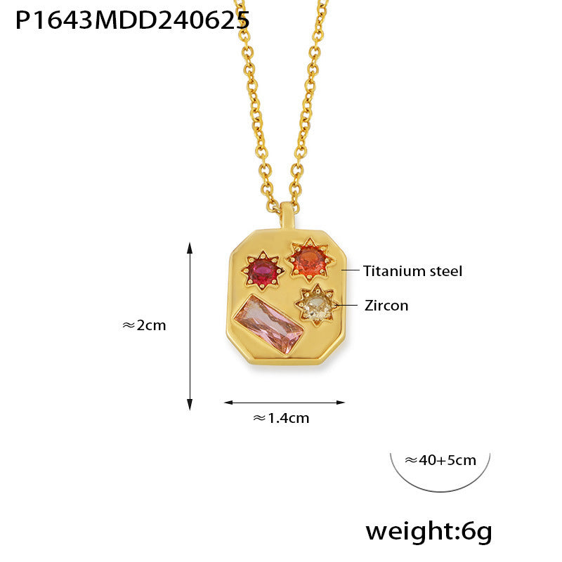B廠-INS法式復古文藝氣質鑲彩色鋯石吊墜女八邊形鈦鋼鍍18k金項鍊飾品「P1643-P1694」24.07-1