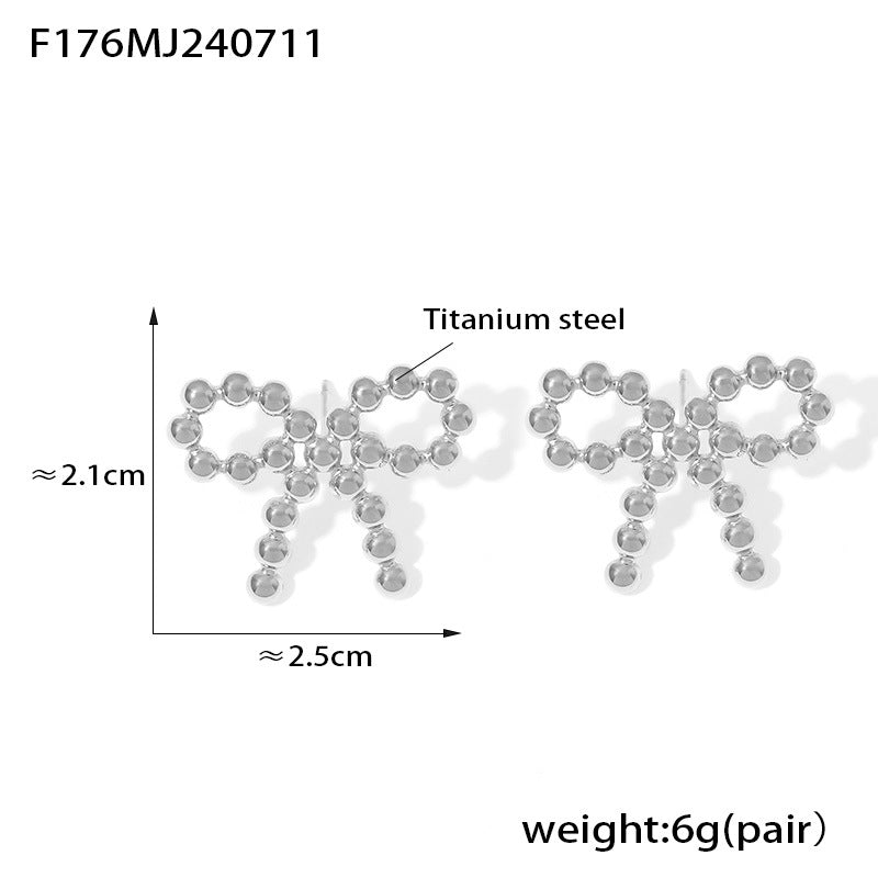 B廠-赫本風小眾設計圓球拼接蝴蝶結造型耳釘簡約輕奢鈦鋼耳飾鍍18k金「F176」24.07-3