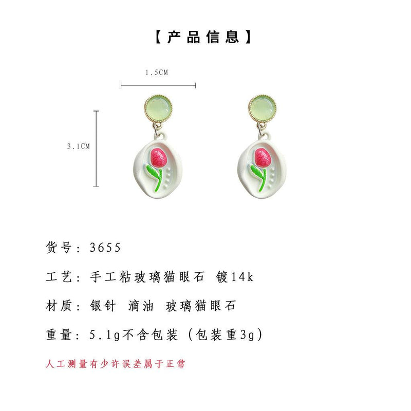 A廠-春夏款鬱金香玻璃貓眼石烤漆質感耳飾工廠森系甜美清新耳環飾品女「3673-3674」24.03-4 - 安蘋飾品批發