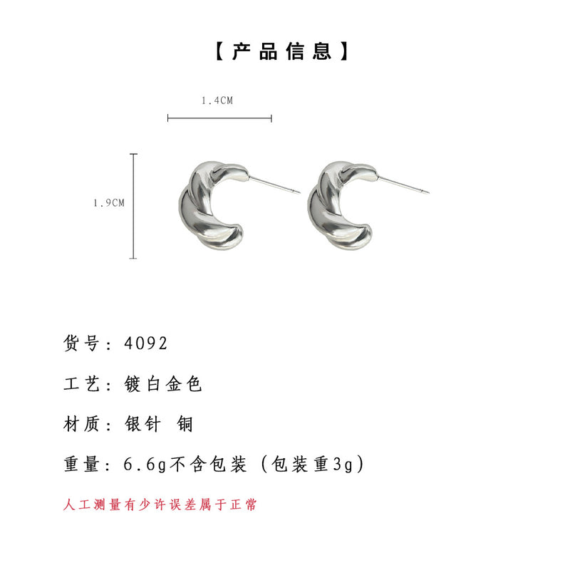 A廠-法式高級感麻花光面通勤新款銀針耳飾文藝氣息輕奢風簡約時尚耳環「4092」24.05-3