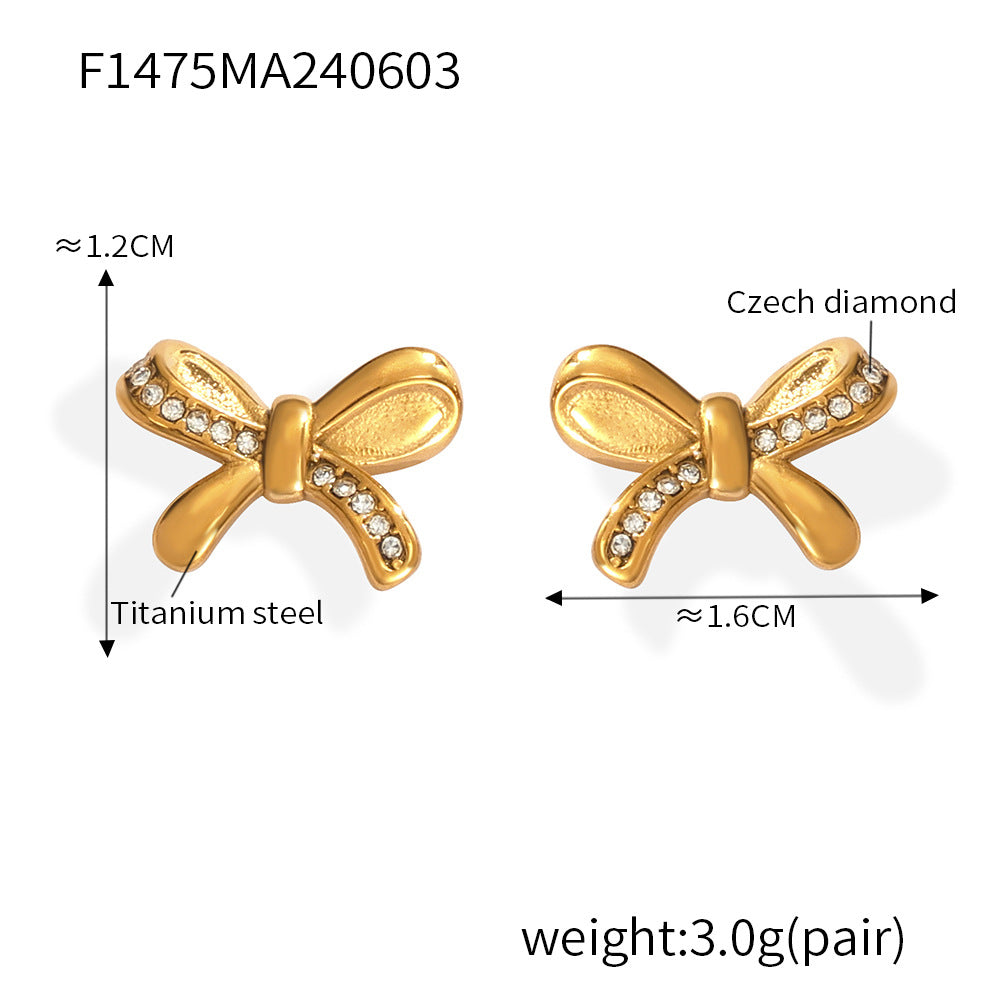 B廠-甜美小眾褶皺鋯石蝴蝶結耳環不鏽鋼PVD電鍍18K真金耳飾組合「F1192」25.01-1