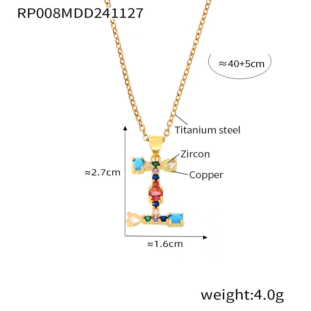 B廠-歐美跨境銅微鑲彩色鋯石26個英文字母個性吊墜小眾嘻哈鎖骨鏈現貨「RP008」24.12-2