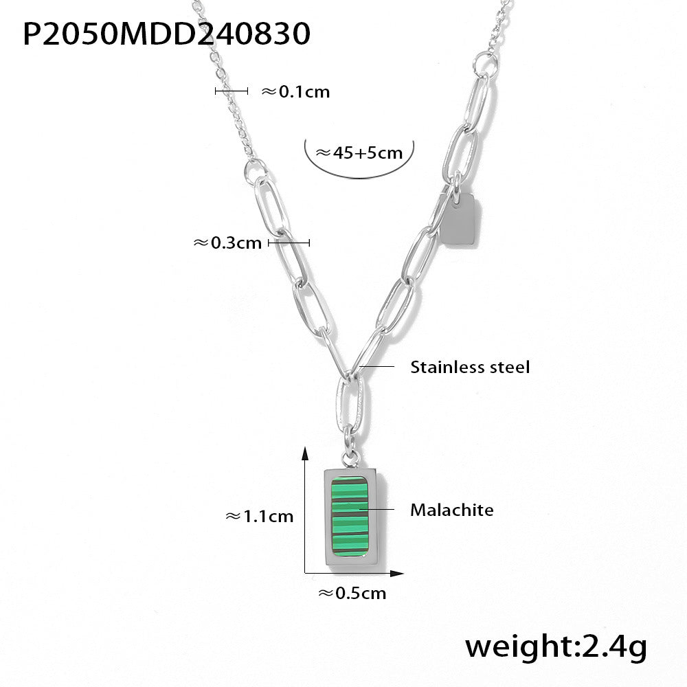 B廠-INS風孔雀石綠條紋小方塊鎖骨項鍊鍍18K真金小眾復古不鏽鋼首飾品「P2050」24.09-1