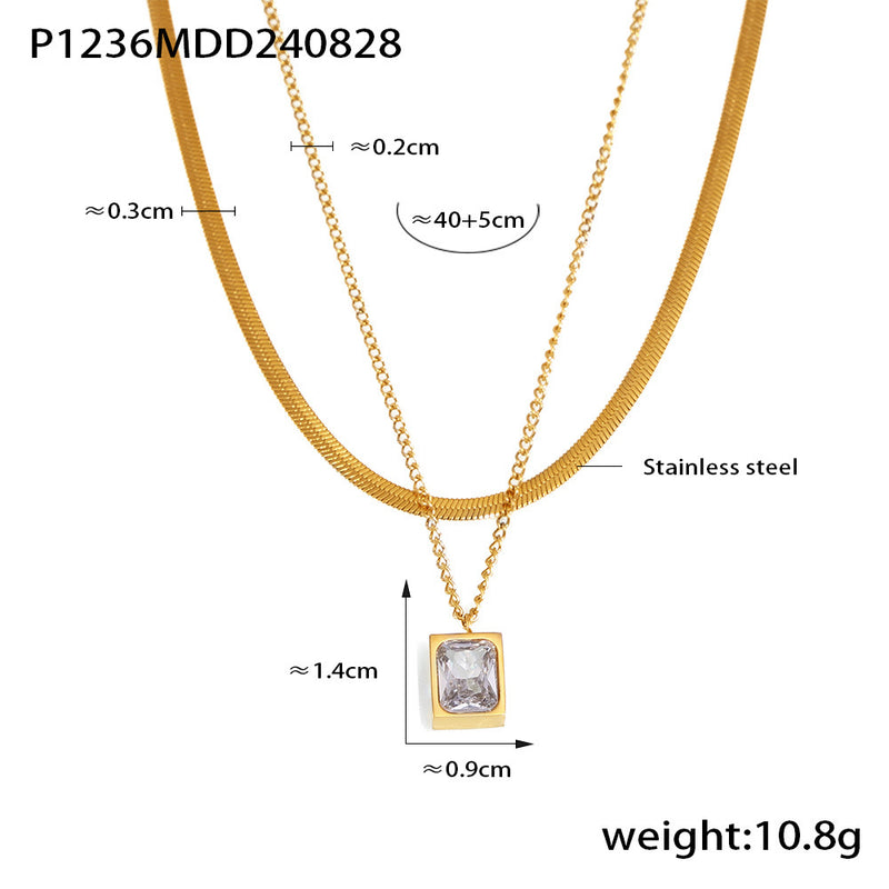B廠-法式跨境小眾ins雙層疊戴風刀片鏈方形吊墜不鏽鋼復古項鍊批發女「P1236」24.09-1