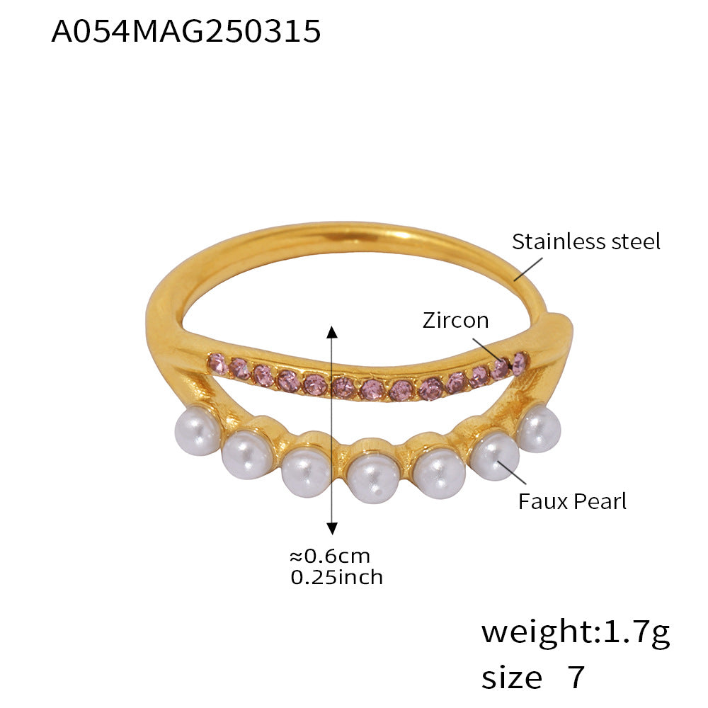 B廠-INS風貝珠彩色鋯石雙層戒指輕奢氣質不鏽鋼鍍18K真金飾品女「A054」25.03-3