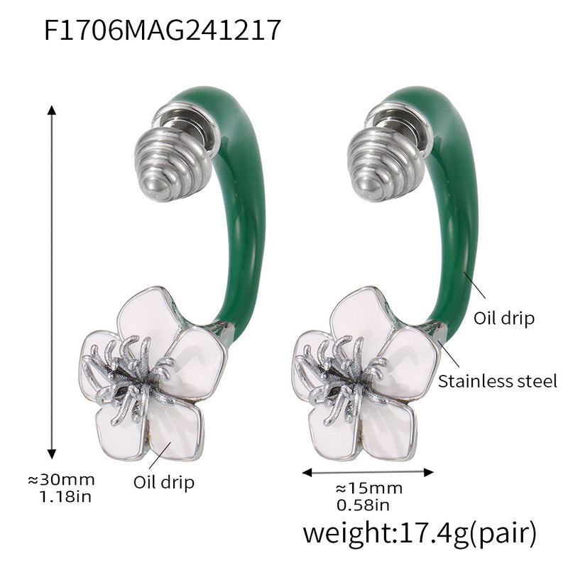 B廠-重工螺紋琺瑯彩釉山茶花雙面耳釘不鏽鋼鍍18k真金秋冬飾品「F1706」24.12-3