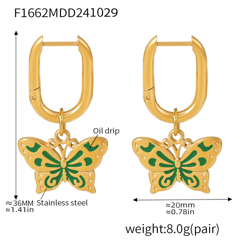 B廠-ins風砝碼彩釉蝴蝶吊墜耳墜項鍊耳環不鏽鋼鍍金昆蟲套裝女「F1662-P374-P375」24.11-1