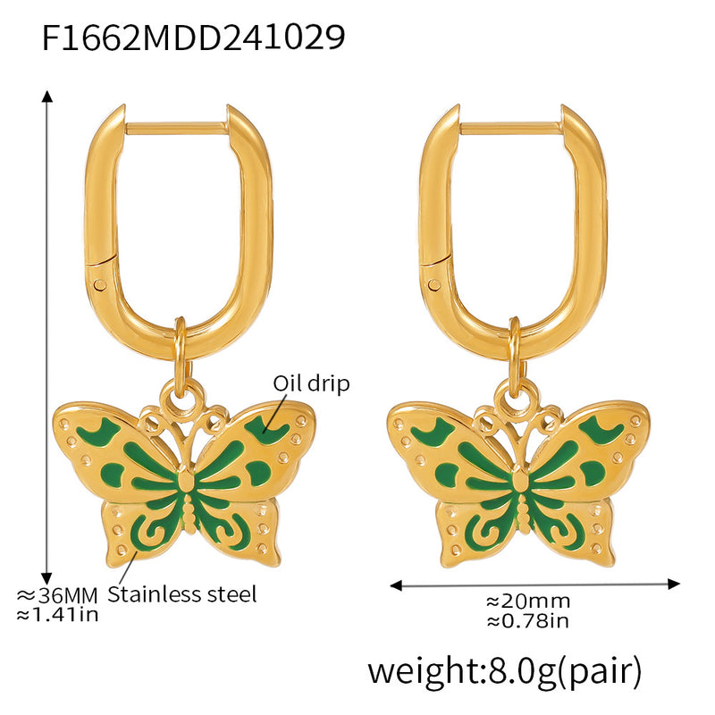 B廠-ins風砝碼彩釉蝴蝶吊墜耳墜項鍊耳環不鏽鋼鍍金昆蟲套裝女「F1662-P374-P375」24.11-1