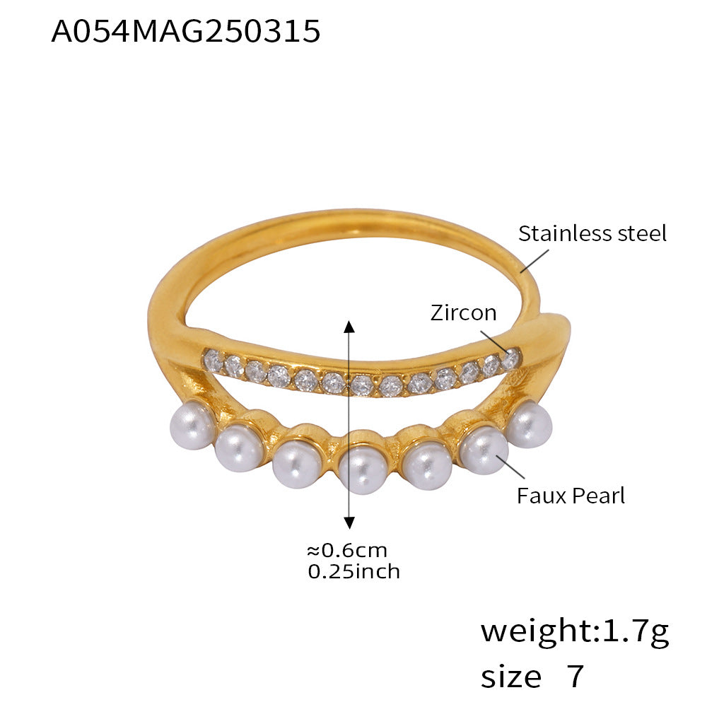 B廠-INS風貝珠彩色鋯石雙層戒指輕奢氣質不鏽鋼鍍18K真金飾品女「A054」25.03-3
