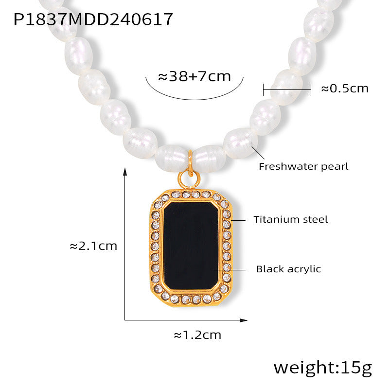 B廠-跨境韓版新品復古氣質名媛風鑲鋯石項鍊網紅淡水珍珠鈦鋼鍍金頸鏈「P1837」24.06-3
