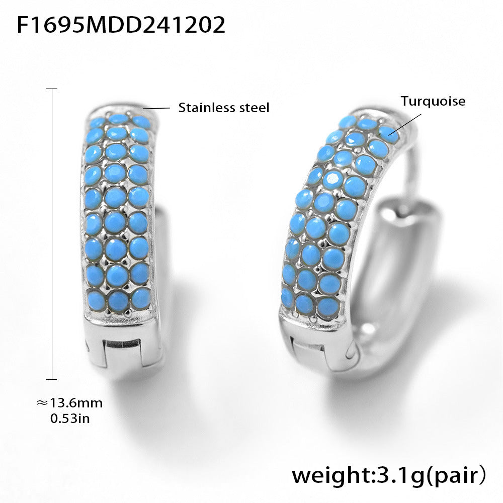 B廠-不鏽鋼藍松石鋯石圓圈卡扣耳環手工鑲嵌ins風高質量耳飾女「F1695」24.12-1