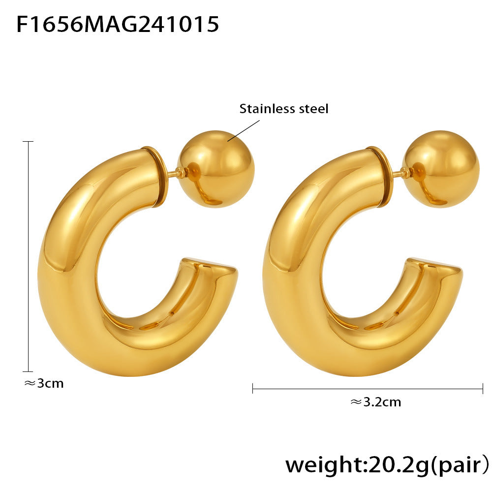 B廠-空心鋼珠歐美時髦C形耳環不鏽鋼鍍18K真金保色獨特秋冬耳飾「F1656」24.10-3