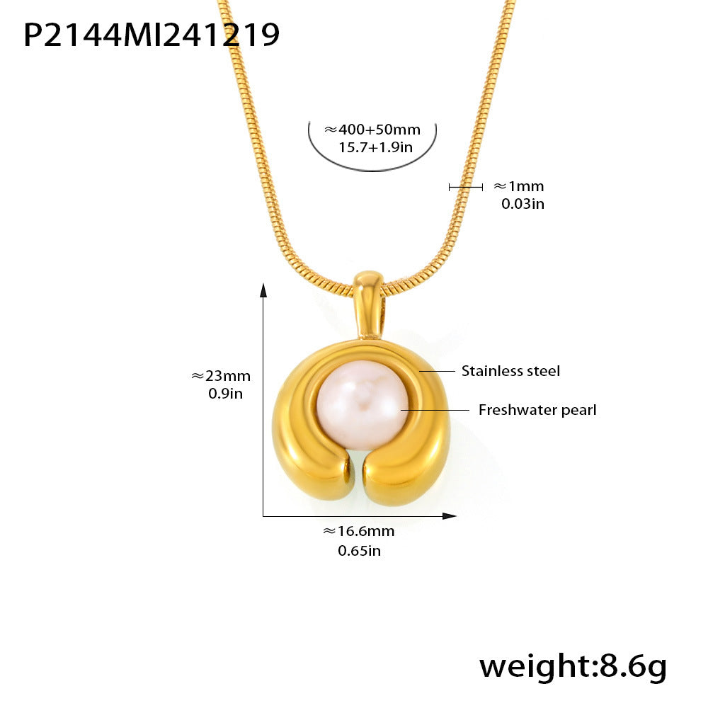B廠-不鏽鋼C形淡水珍珠項鍊跨境新款時尚簡約鍍18K真金飾品批發「P2144」24.12-4