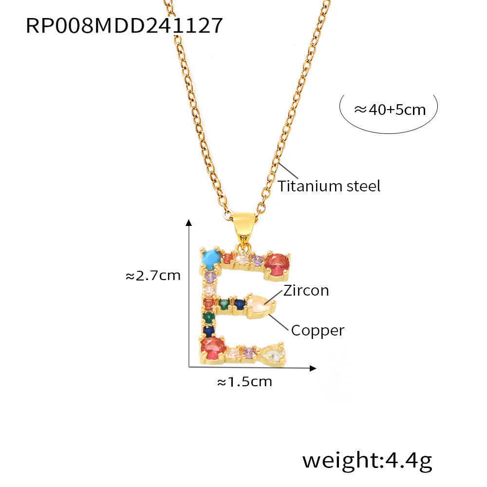 B廠-歐美跨境銅微鑲彩色鋯石26個英文字母個性吊墜小眾嘻哈鎖骨鏈現貨「RP008」24.12-2