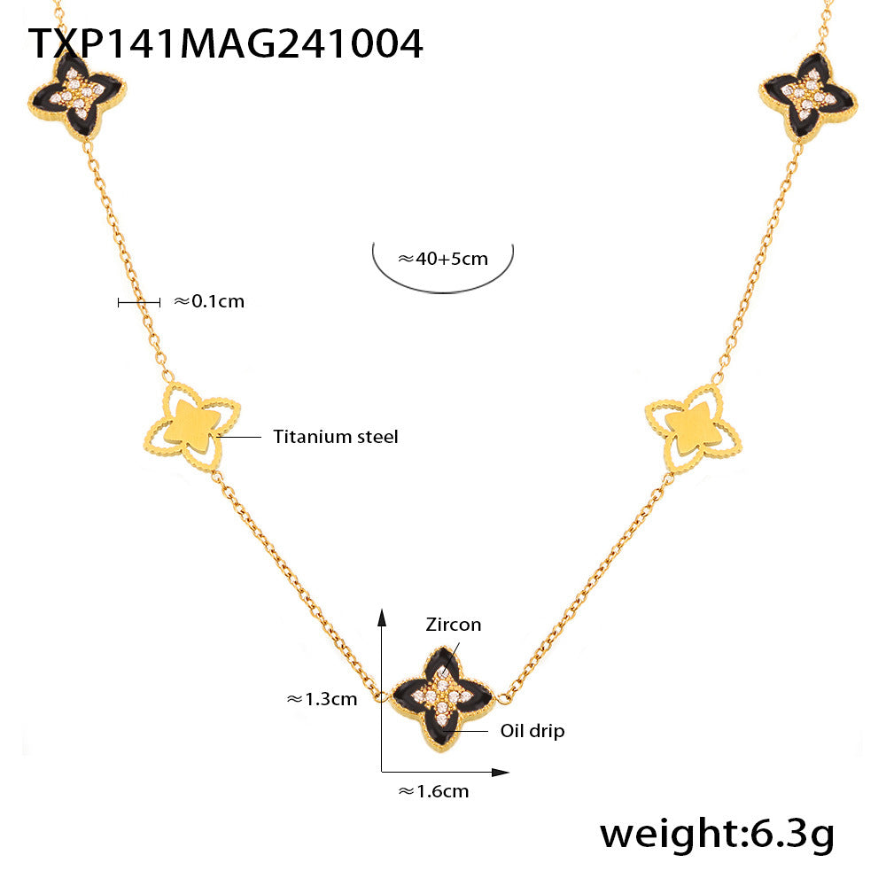 B廠-歐美跨境滴油四葉花鋯石滿鑽手鍊項鍊小眾設計女生款閨蜜鈦鋼套裝「TXP141-TXE141」24.10-2