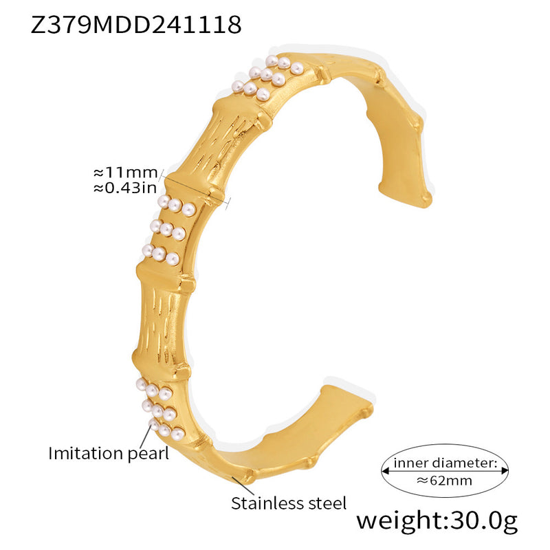 B廠-歐美竹節鑲嵌貝珠創意氣質手鐲輕奢開口不鏽鋼鍍18k金鐲子「Z379」24.11-4