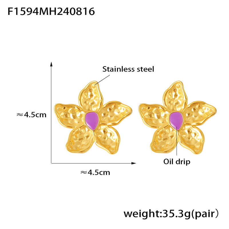 B廠-歐美風金色岩溶花朵耳環誇張復古設計18K鍍真金不鏽鋼滴油耳環女「F1594」24.08-4