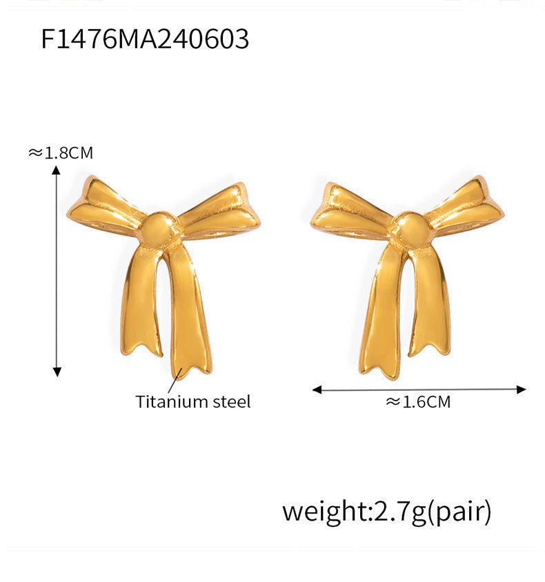B廠-韓版簡約蝴蝶結耳釘女小眾設計鈦鋼鍍金耳飾時尚氣質網紅同款耳環「F1476」24.06-2