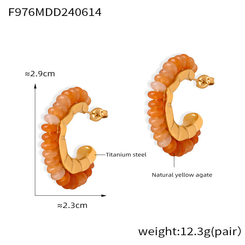 B廠-歐美復古彩色天然石手工串珠耳環時尚小眾百搭鈦鋼C型鍍18k金耳飾「F976-F1490」24.06-3
