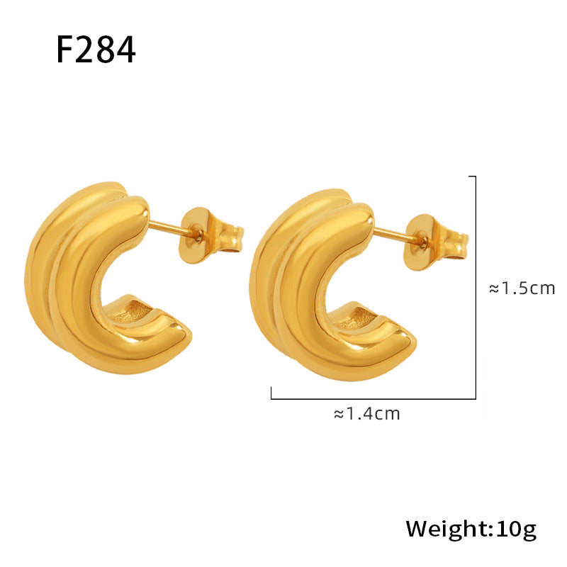 B廠-歐美INS風雙層C形鑲鑽耳釘小眾通勤耳飾不鏽鋼電鍍18K真金「F018」24.12-4