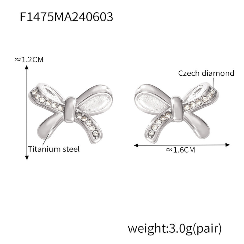 B廠-韓版簡約單邊鑲鑽蝴蝶結耳釘chic風鈦鋼鍍金耳環個性百搭保色耳飾「F1475」24.06-1
