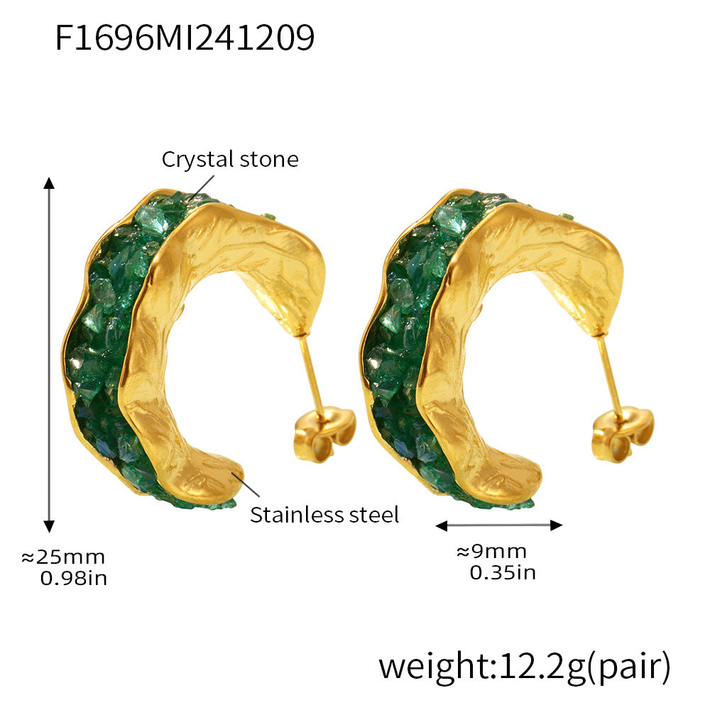 B廠-不鏽鋼水晶石C型耳環歐美INS風亮晶晶奢華氣質PVD鍍金耳飾「F1696」24.12-2
