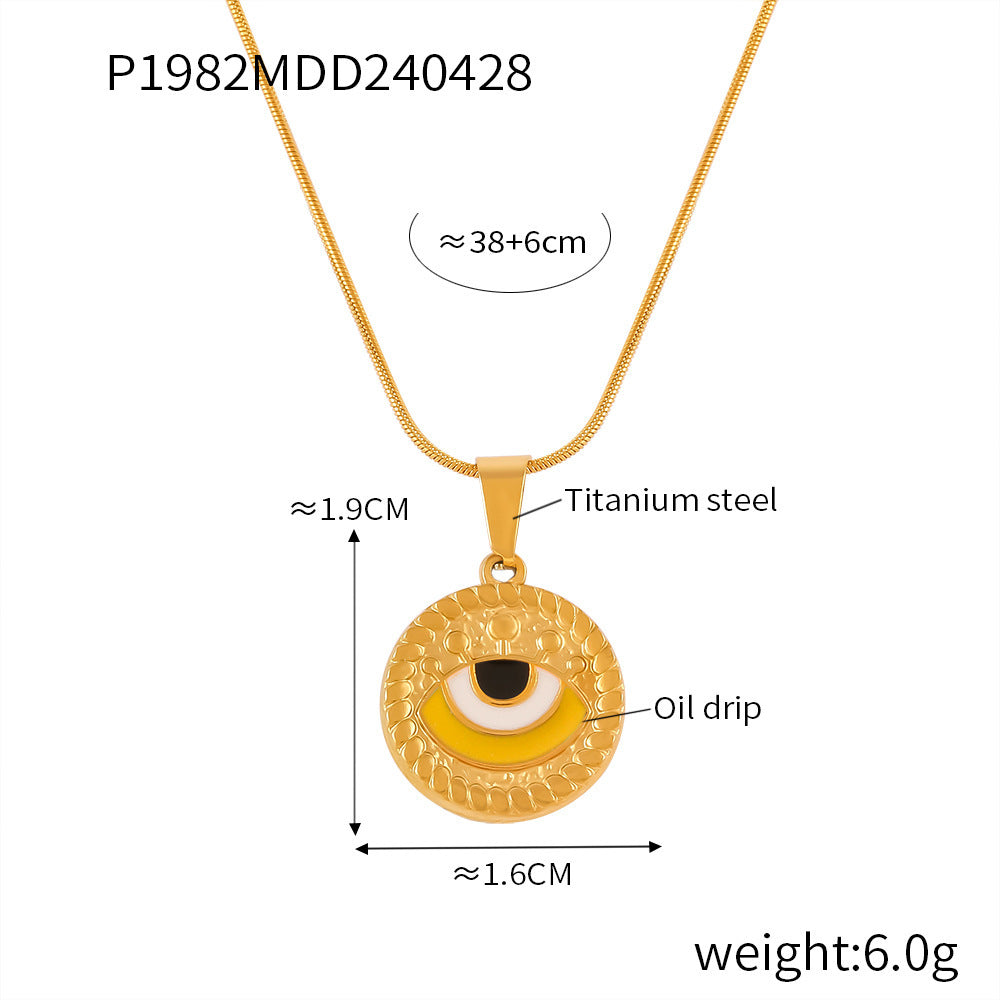 B廠-歐美時尚個性復古滴油眼睛鈦鋼項鍊女圓形設計惡魔之眼吊墜鎖骨鏈「P1982」24.05-1