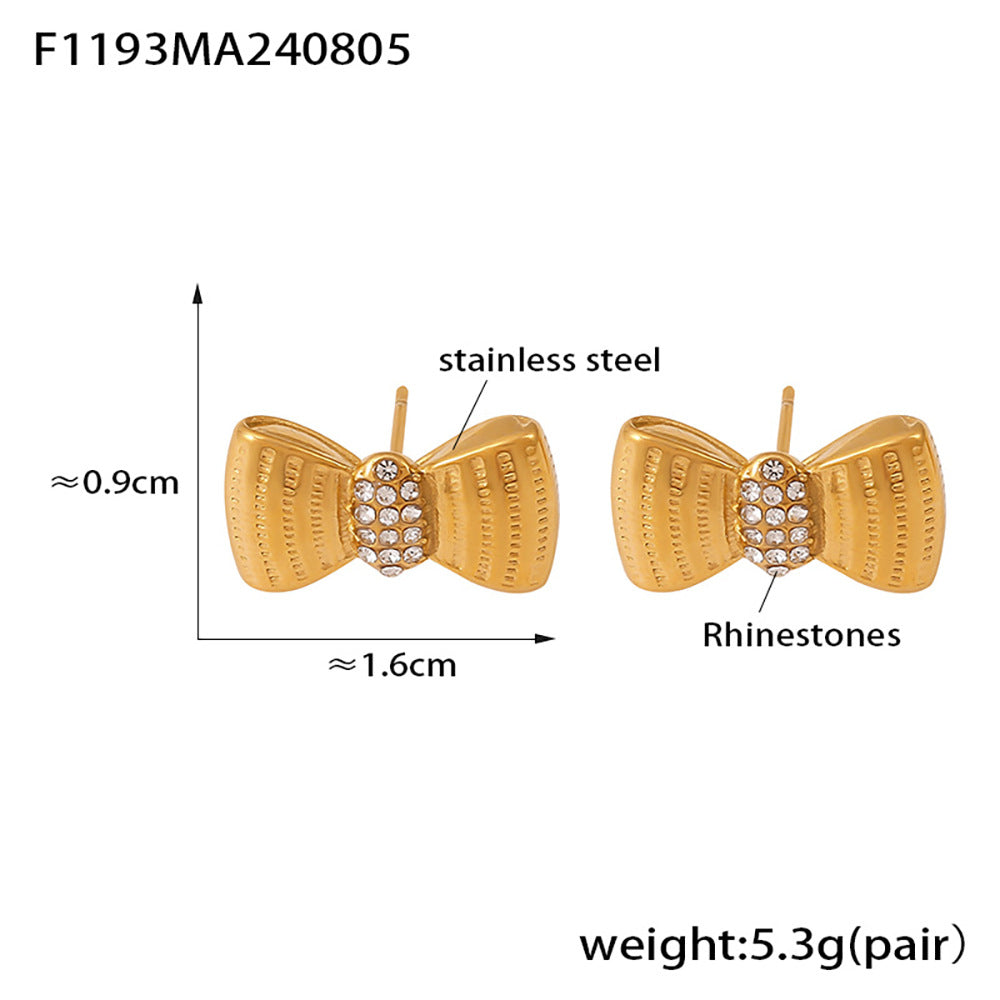 B廠-甜美小眾褶皺鋯石蝴蝶結耳環不鏽鋼PVD電鍍18K真金耳飾組合「F1192」25.01-1