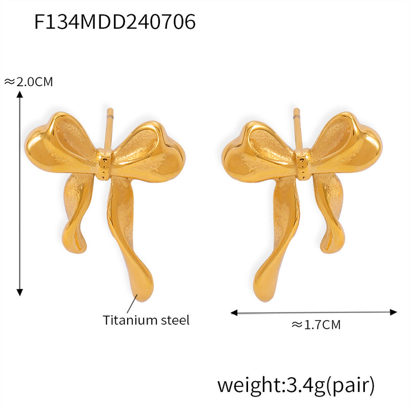 B廠-亞馬遜熱銷款蝴蝶結耳釘時尚風鈦鋼鍍18k真金歐美個性耳飾送女友「F134」24.07-2