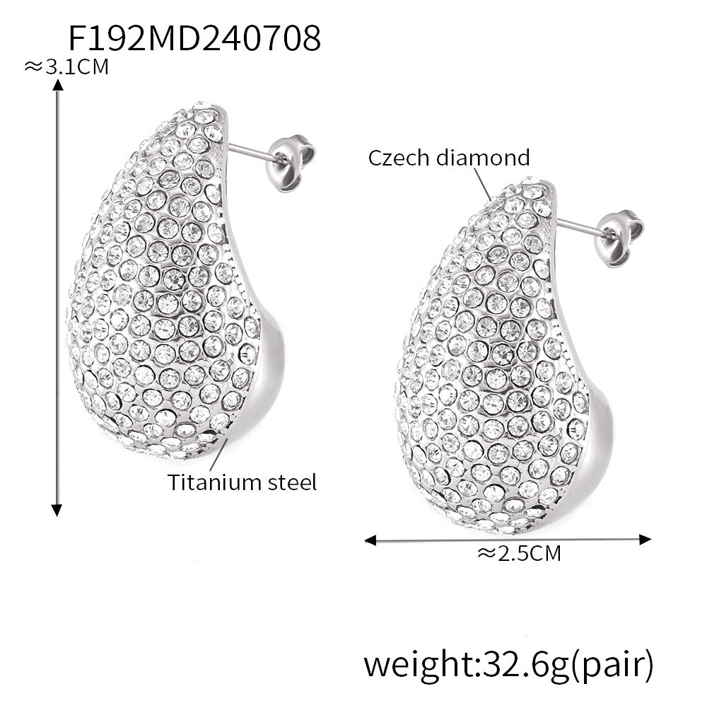 B廠-水滴形滿鑽鑲嵌鋯石耳釘耳環不鏽鋼PVD電鍍18K真金耳飾組合「F145」25.01-1
