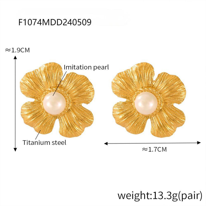 B廠-紋理花瓣花朵鑲嵌貝珠耳釘不鏽鋼電鍍18K真金耳環耳飾組合「F600」24.12-4