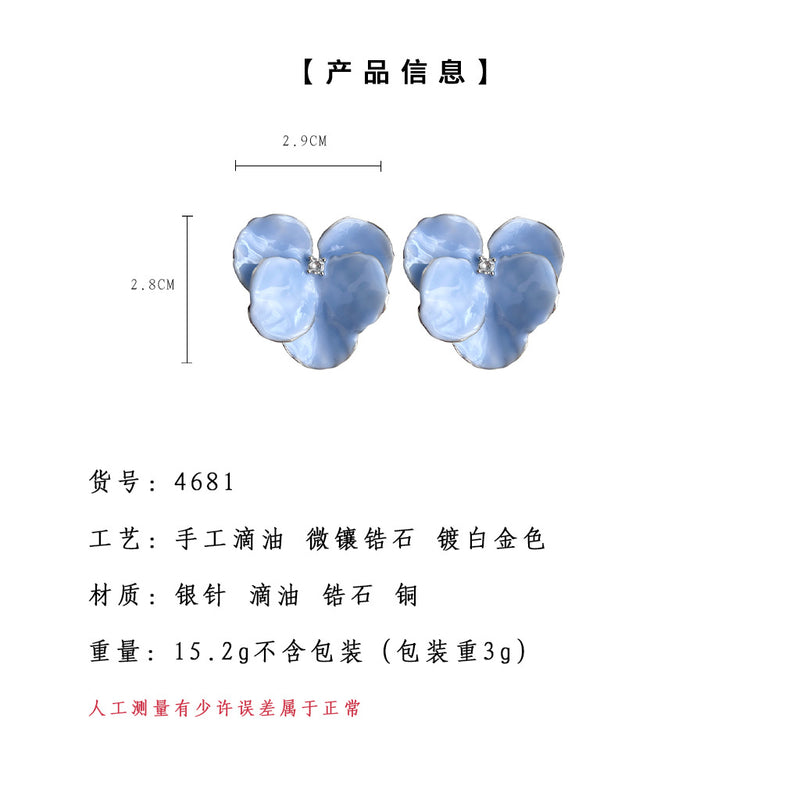 A廠-略誇張優雅超仙森系寫真奶油嬰兒藍花朵耳環女氣質甜美耳環「4681」24.08-4