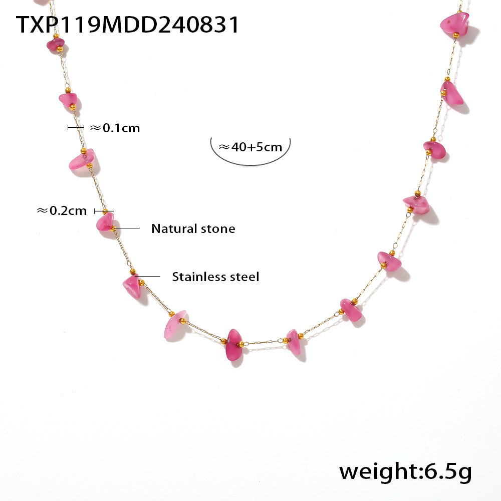 B廠-波西米亞風粉色天然石輕奢感手工鎖骨項鍊手鍊不鏽鋼女式精緻套裝「TXP119-TXE119」24.09-1