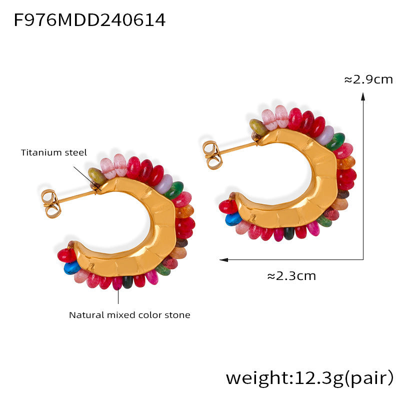 B廠-歐美復古彩色天然石手工串珠耳環時尚小眾百搭鈦鋼C型鍍18k金耳飾「F976-F1490」24.06-3