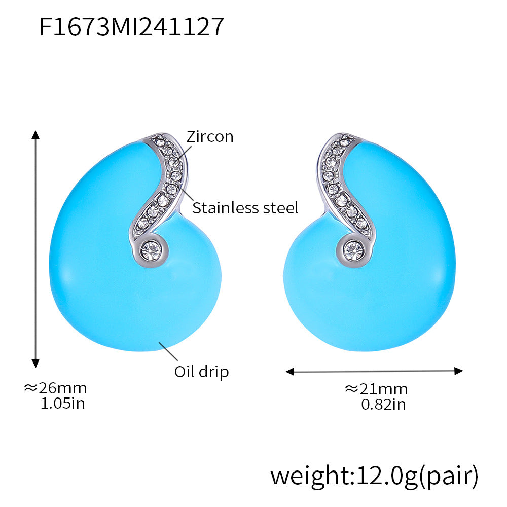 B廠-宮廷耳釘海螺藍色系鋯石鈦鋼PVD鍍金琺瑯彩釉簡約保色耳飾「F1673」24.12-1