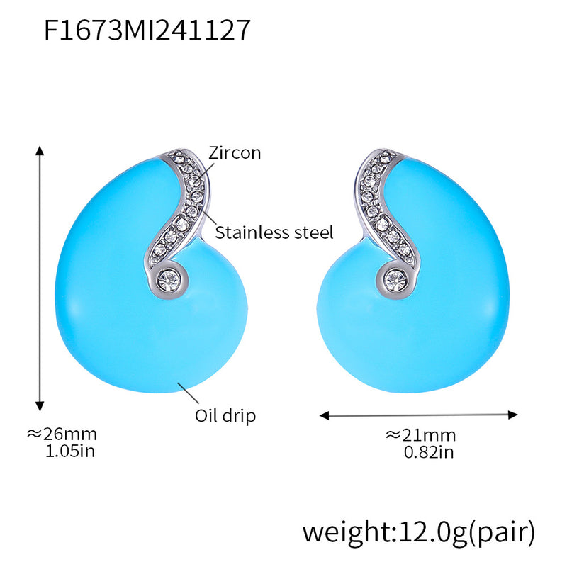 B廠-宮廷耳釘海螺藍色系鋯石鈦鋼PVD鍍金琺瑯彩釉簡約保色耳飾「F1673」24.12-1