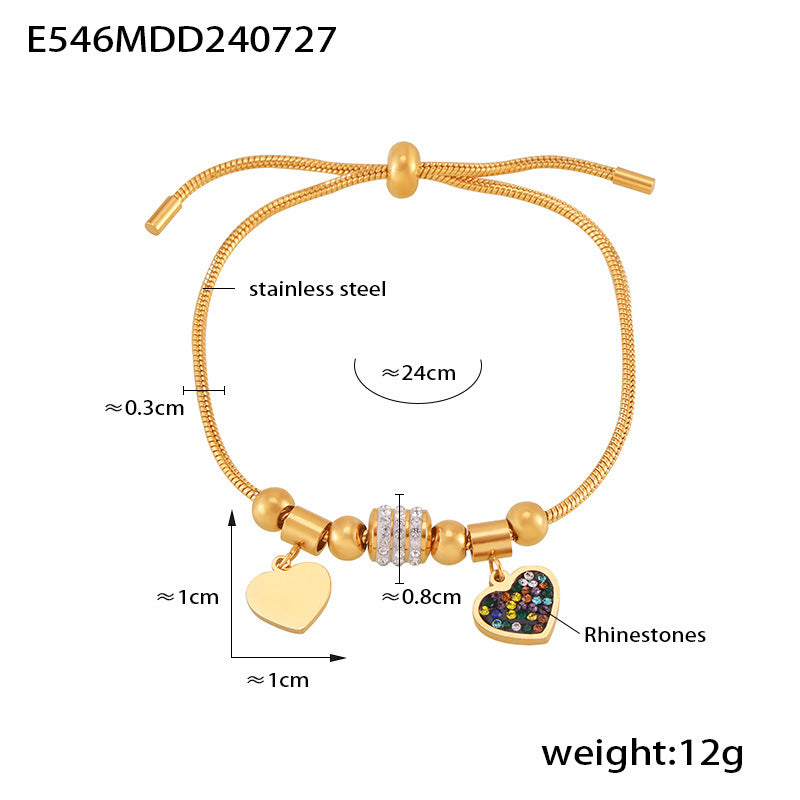 B廠-歐美ins風幾何鑲鑽愛心手鍊復古百搭可調節設計不鏽鋼鍍18K金飾品「E546」24.08-1