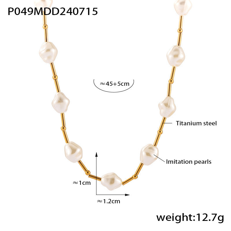 B廠-跨境新款仿珍珠百搭鎖骨鈦鋼項鍊法式復古串珠拼接項飾鍍18k真金「P049」24.07-4
