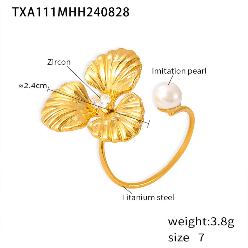 B廠-輕奢感ins風珍珠花戒指朵鈦鋼18k金不掉色開口可調節指環時尚耳飾「F111-A110」24.09-1