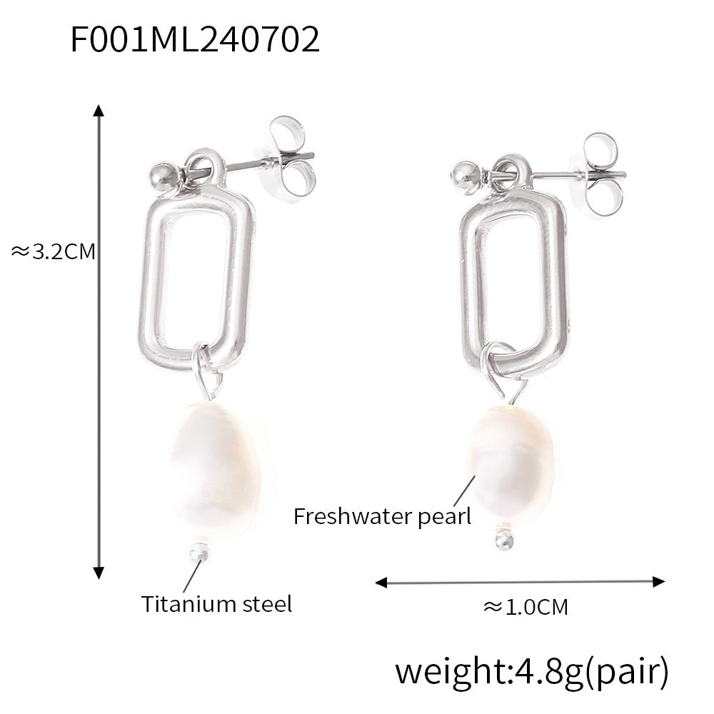 B廠-歐美跨境復古簡約設計淡水珍珠流蘇方形耳環鈦鋼鍍18k金飾品批發「F001」24.10-1
