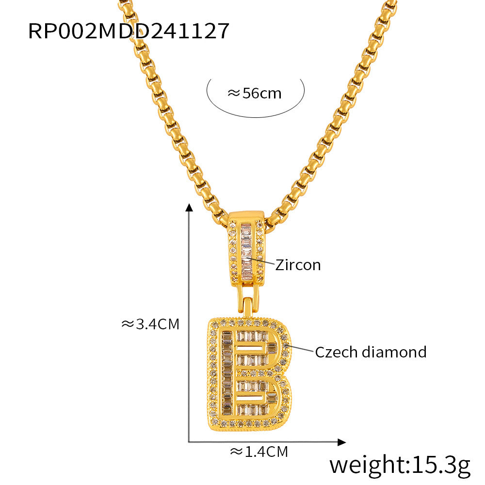B廠-INS簡約字母鑲鑽鋯石吊墜歐美長款盒子鏈鈦鋼鍍金項鍊飾品批發潮「RP002」24.12-2