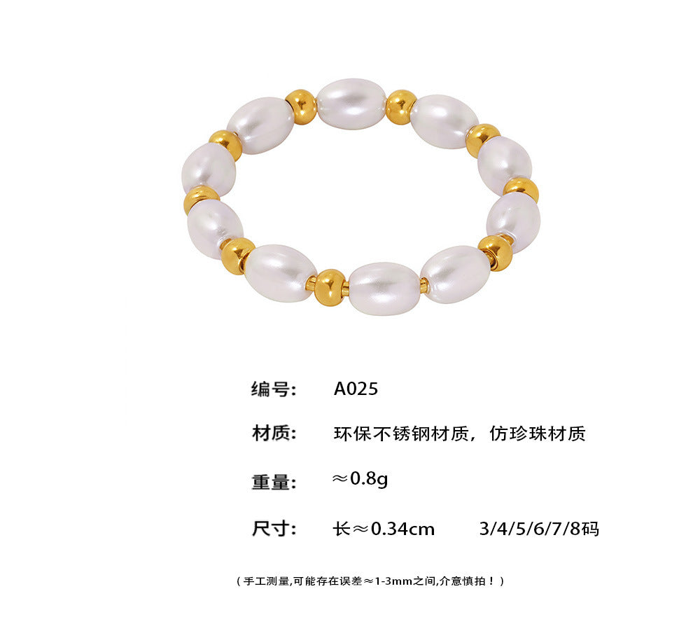 B廠-橢圓貝珠戒指ring不鏽鋼金珠小眾設計指環甜美少女手飾現貨「A025」25.03-3