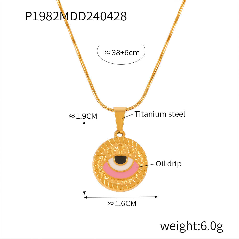 B廠-歐美時尚個性復古滴油眼睛鈦鋼項鍊女圓形設計惡魔之眼吊墜鎖骨鏈「P1982」24.05-1
