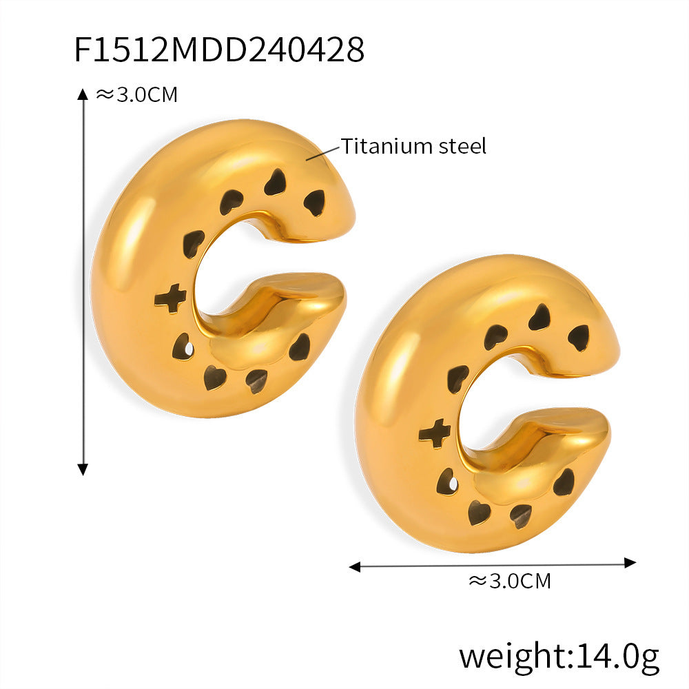 B廠-新款幾何鏤空C形空心耳夾鈦鋼鍍18K金滴油光面設計耳環百搭飾品女「F1511-2」24.05-1