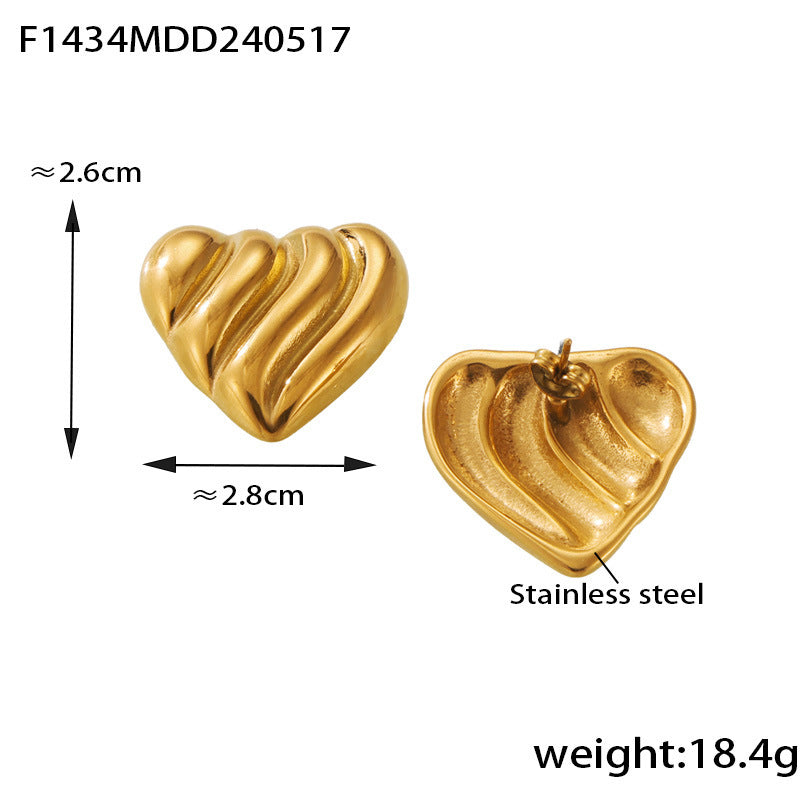 B廠-INS網紅潮流款波浪紋愛心耳環鈦鋼鍍18k金歐美設計感跨境耳飾「F1434」24.05-4