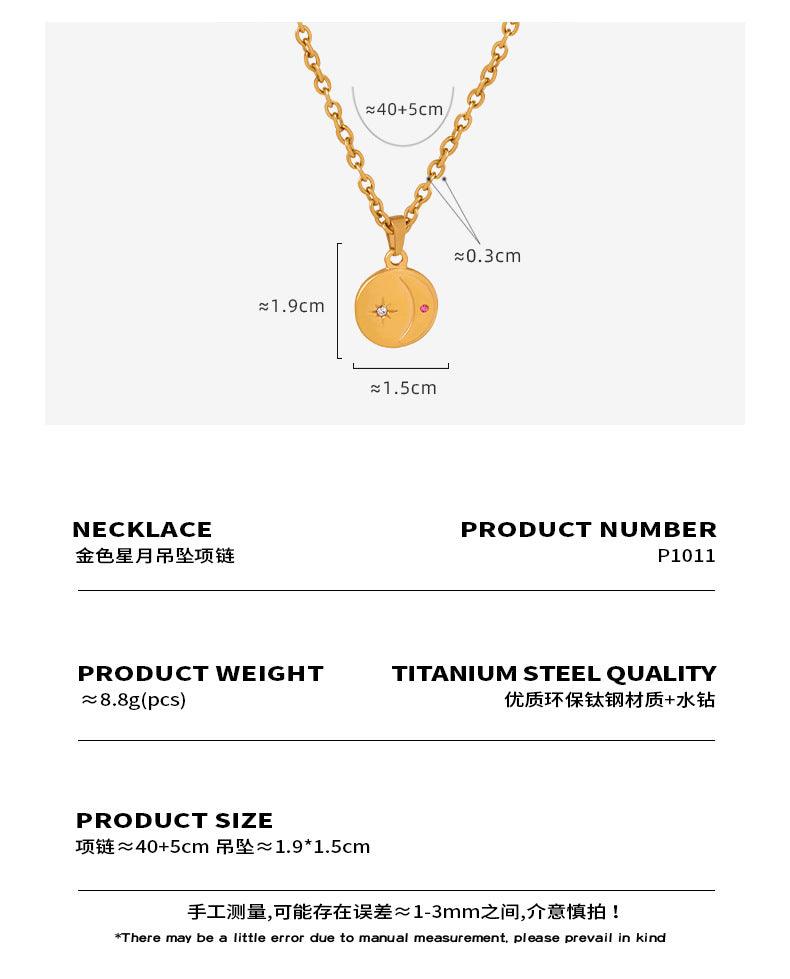 B廠-浮雕星星月亮圓牌吊墜項鍊鈦鋼18k金O字鏈小眾氣質百搭鎖骨鏈飾品「P1011」23.11-4 - 安蘋飾品批發