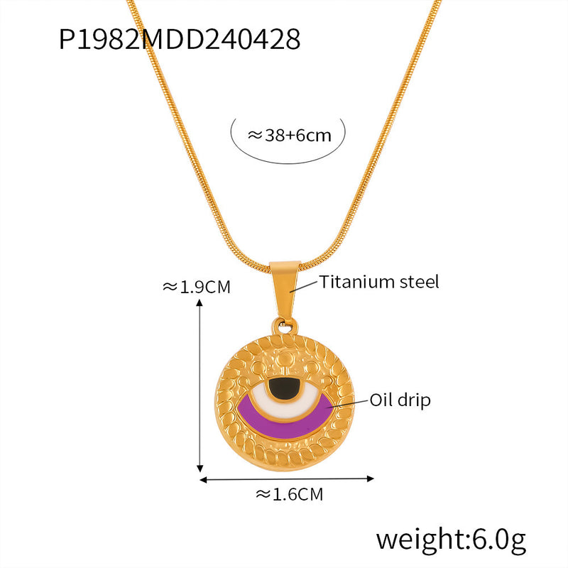 B廠-歐美時尚個性復古滴油眼睛鈦鋼項鍊女圓形設計惡魔之眼吊墜鎖骨鏈「P1982」24.05-1