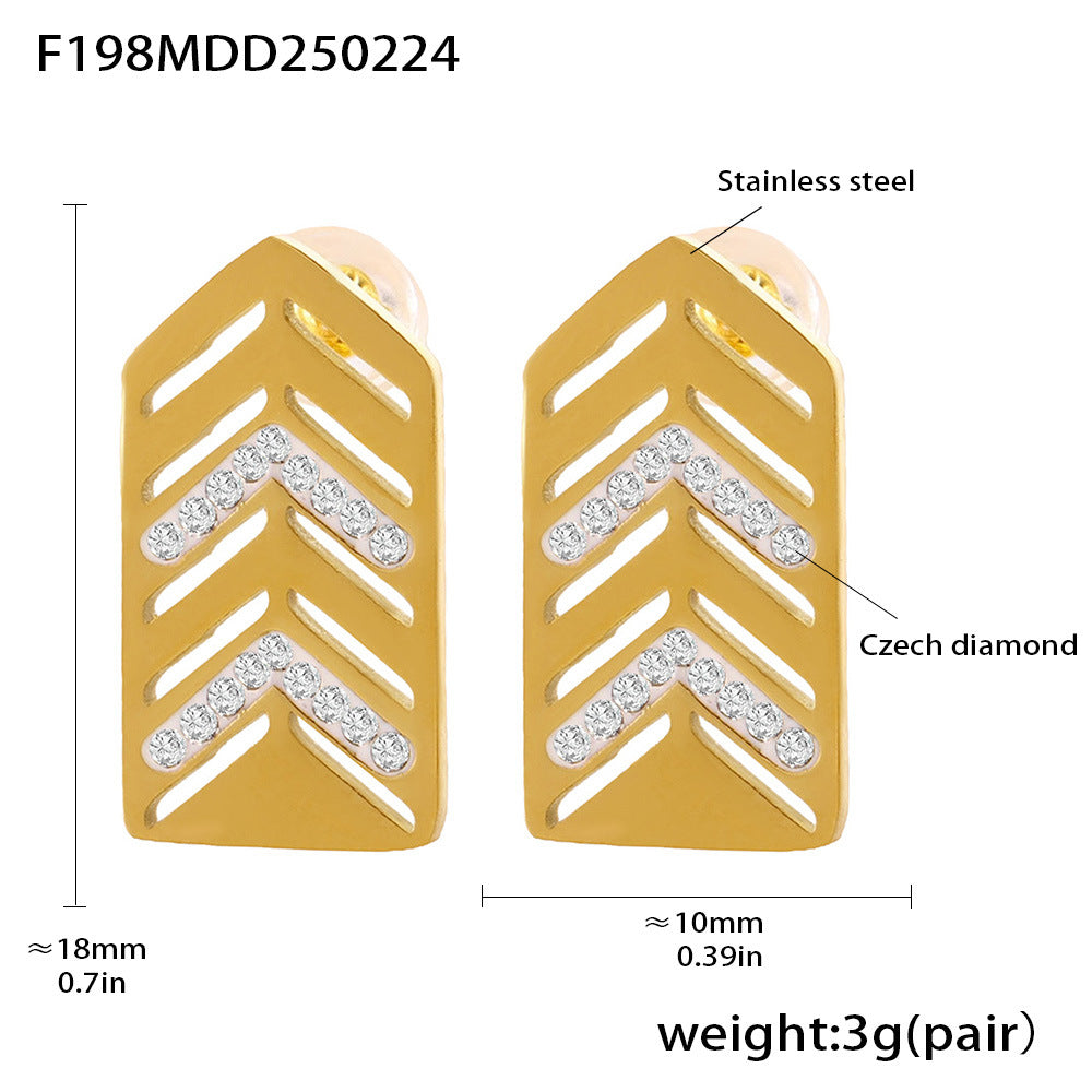 B廠-菱形鏤空鑲嵌鋯石耳釘不鏽鋼18k金精緻氣質耳環耳飾批發女「F198」25.02-3